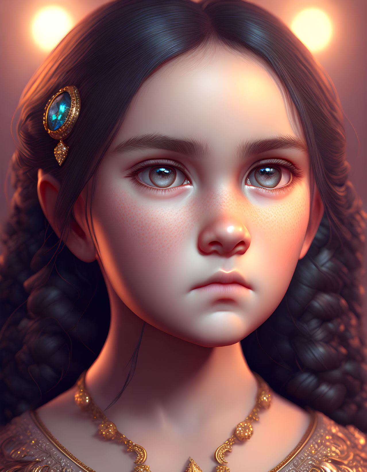 Digital artwork featuring girl with expressive eyes, jeweled forehead, freckles, and gold attire