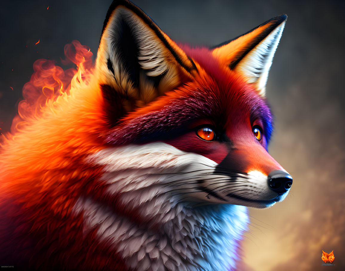 Fiery orange fox digital art with intense red eyes on dark background