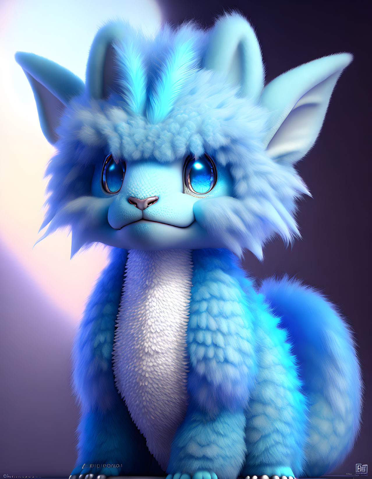 Blue fluffy feline-like creature with expressive eyes on gradient background