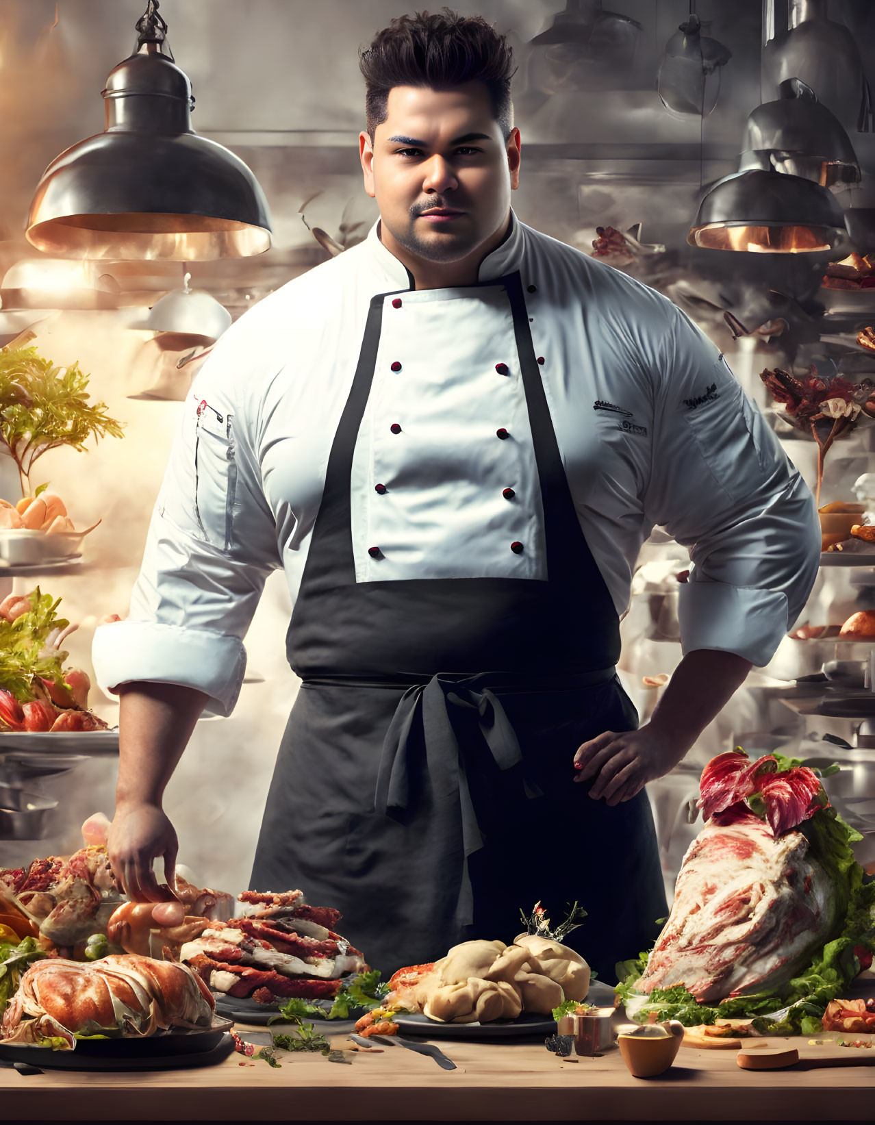 Chef with Various Meats in Smoky Kitchen Setting