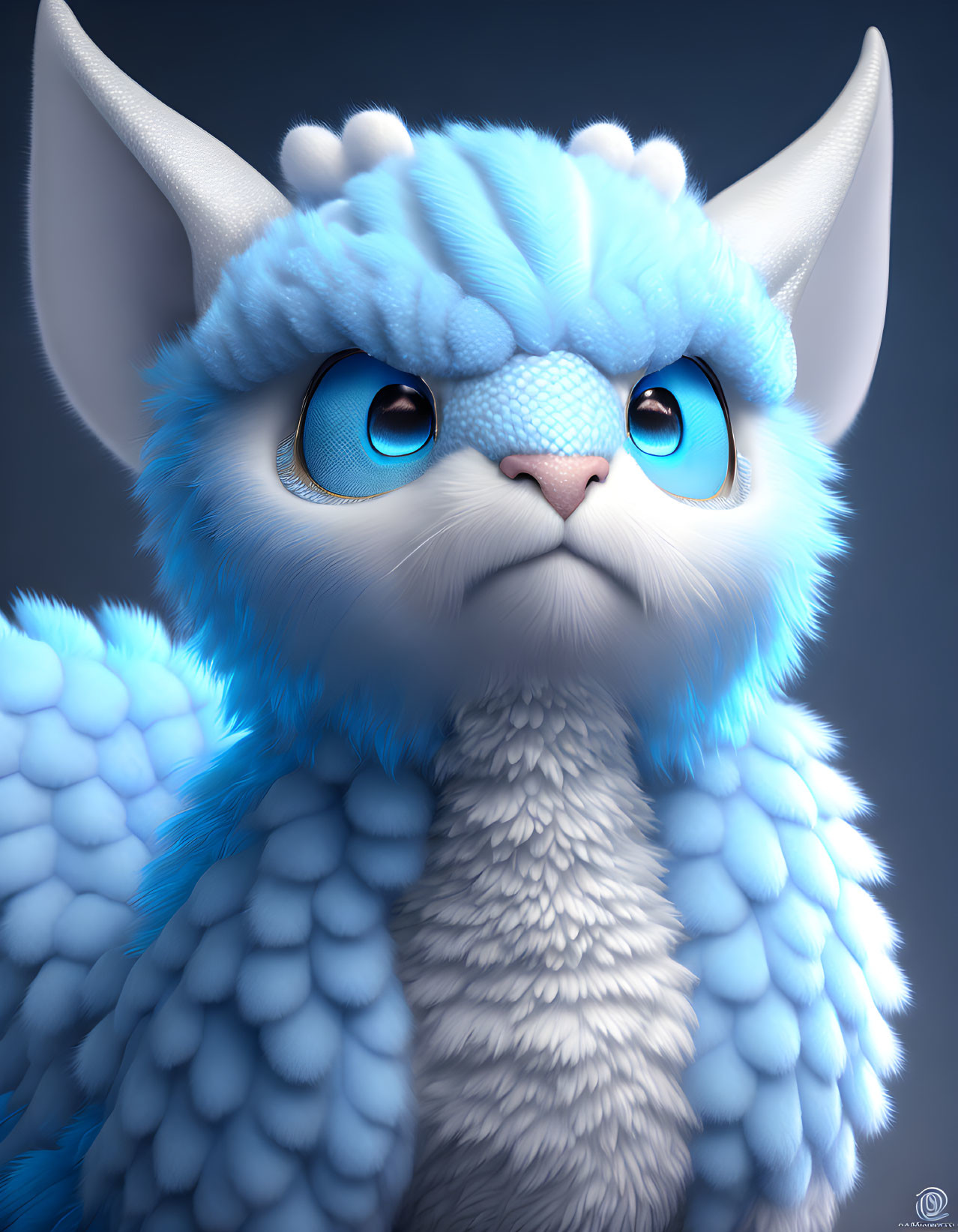 Whimsical blue creature with expressive eyes, fluffy fur, pointy ears, and feathered wings