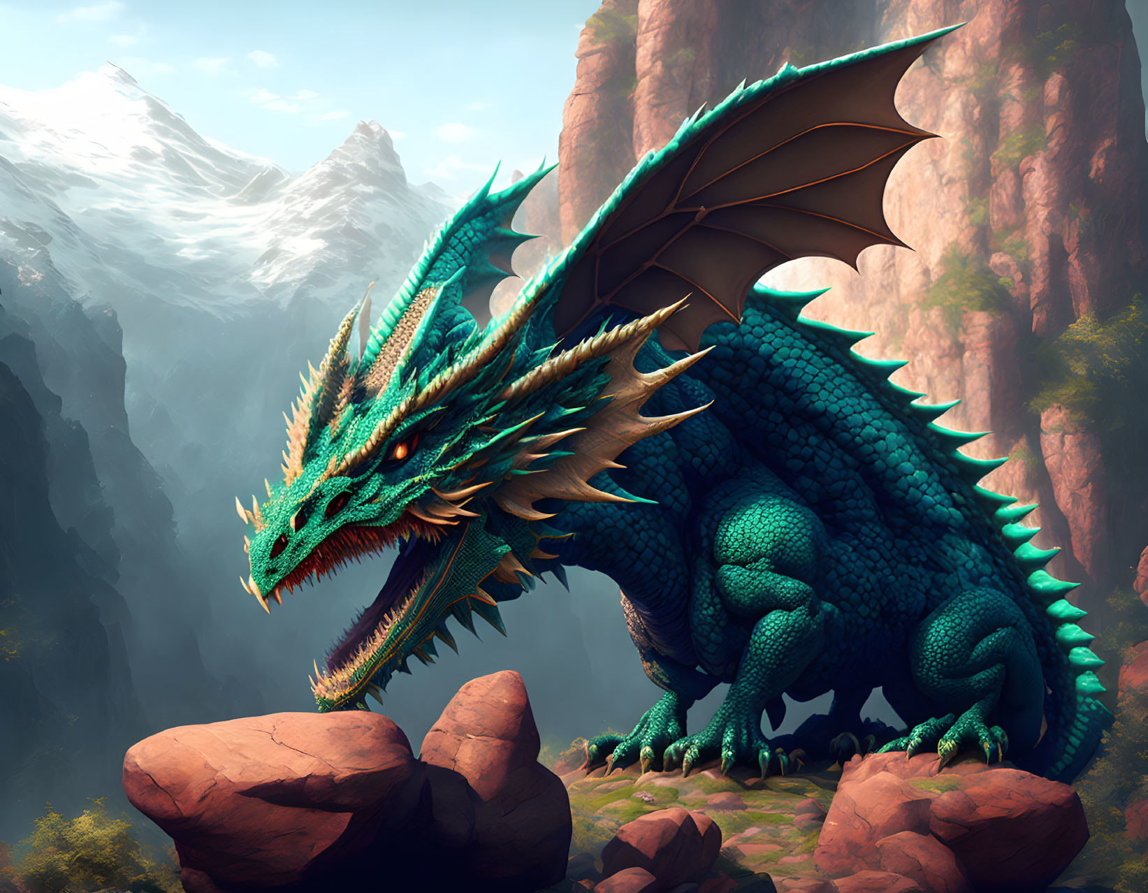 Blue-Green Dragon on Rocky Terrain with Mountains and Serene Sky