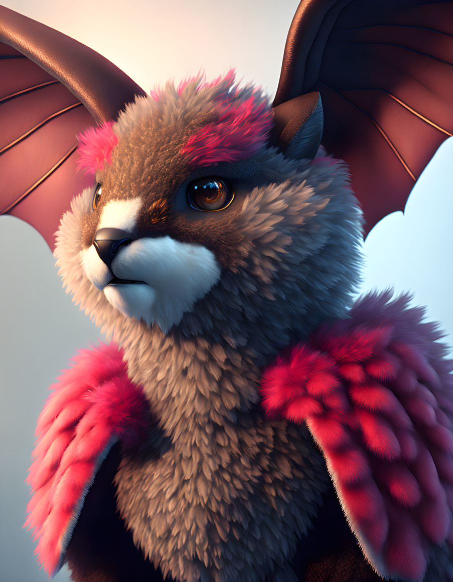 Fantastical creature with fluffy body, bat wings, and pink accents