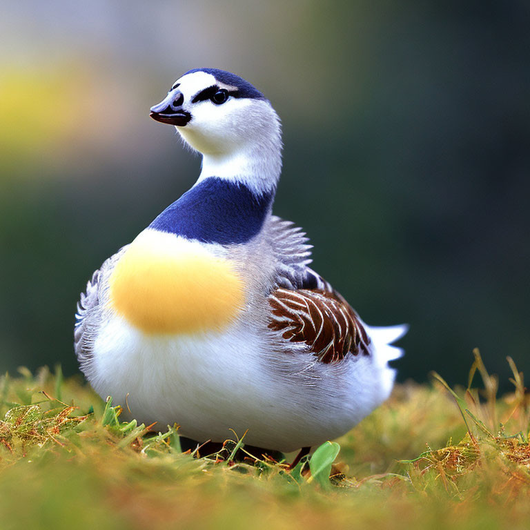 Colorful Duck with White, Blue, and Yellow Plumage Sitting on Grass