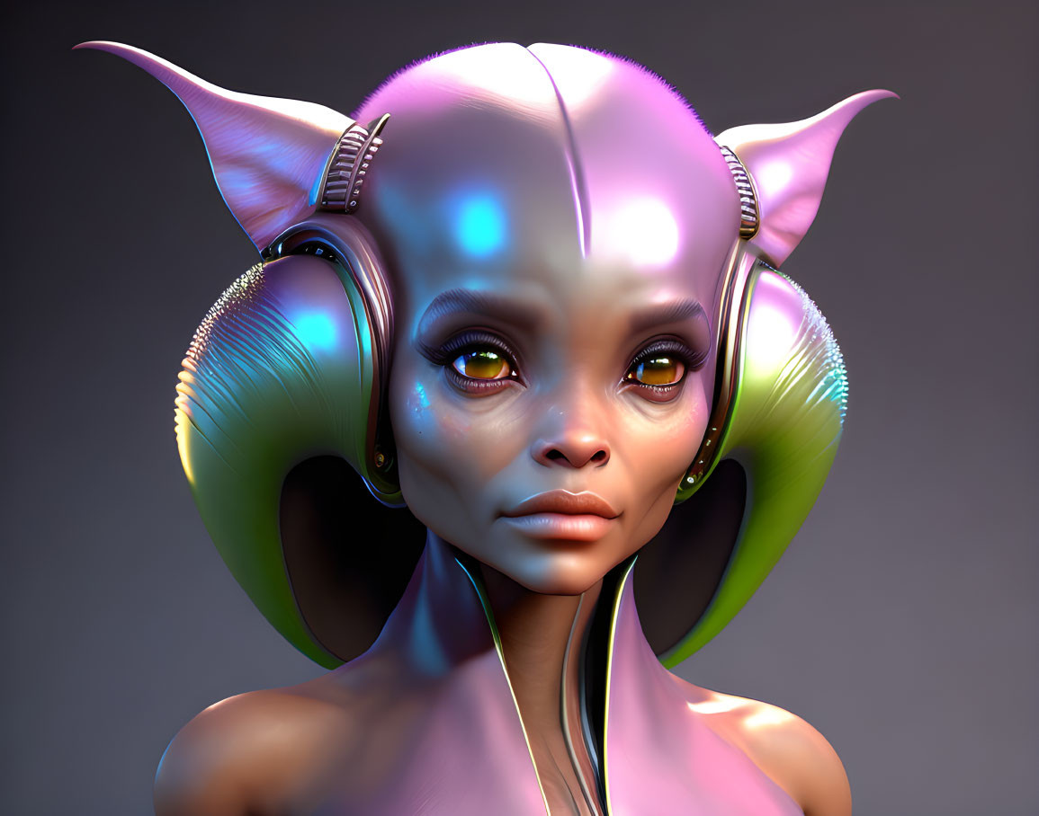 Female Alien 3D Illustration: Pointed Ears, Pink Skin, Futuristic Headphones