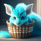 Blue dragon digital art: Cute creature in basket in sunny room