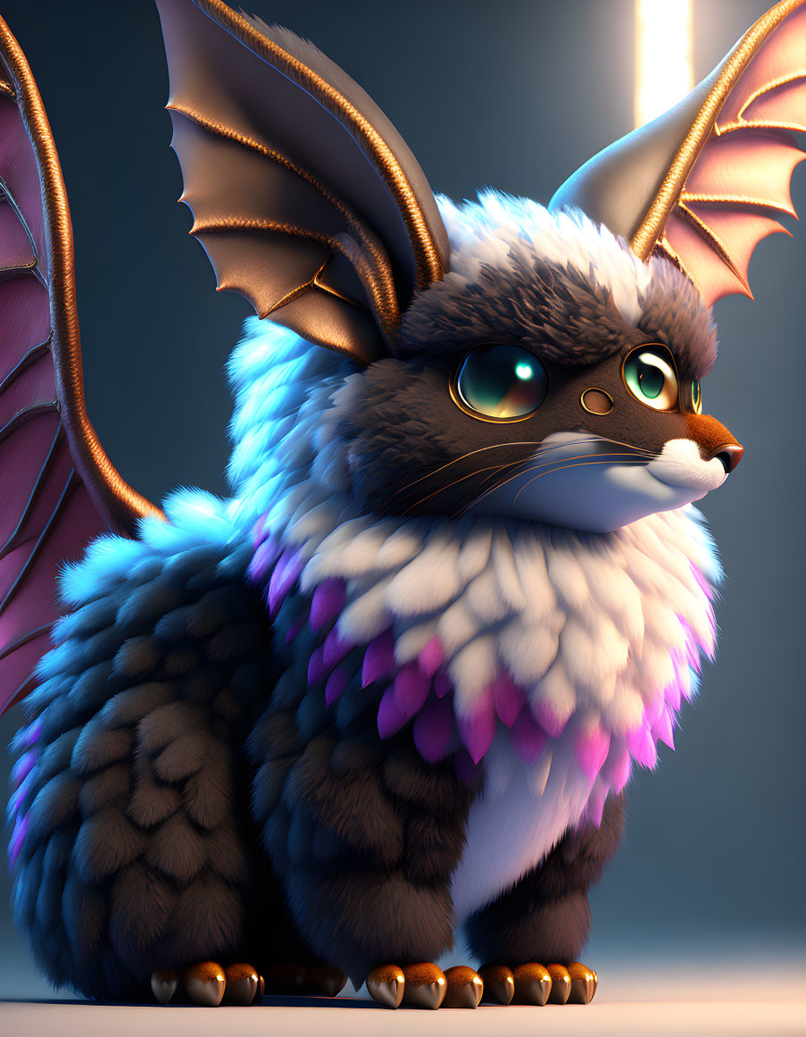 Fluffy Cat Creature with Bat Wings and Vibrant Plumage in 3D Illustration