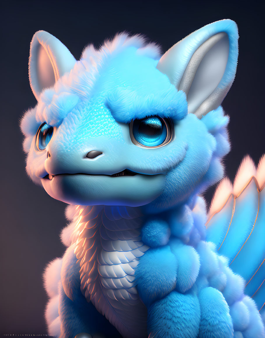 Adorable Baby Blue Dragon with Big Eyes and Fluffy Fur