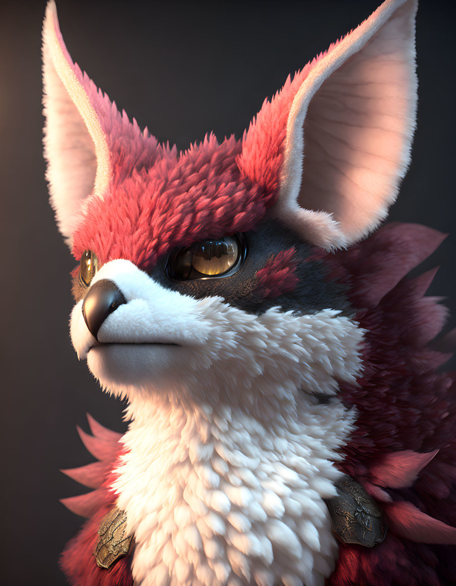 Anthropomorphic Red and White Furred Creature with Golden Eyes and Metallic Shoulder Ornaments