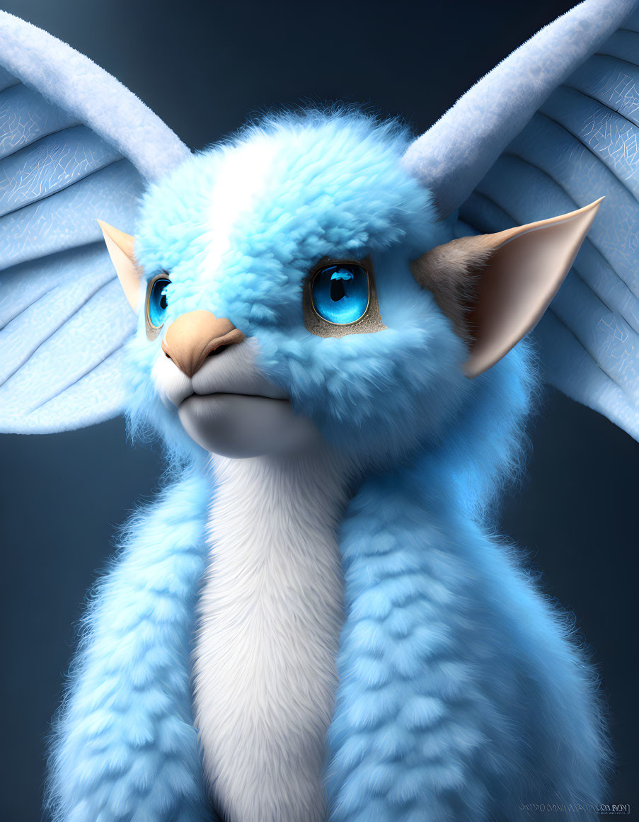 Fantasy creature with blue fur, large eyes, elf-like ears, and white wings