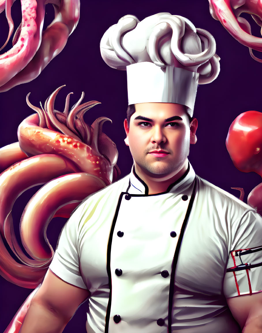 Chef with tentacles and floating tomatoes in digital illustration