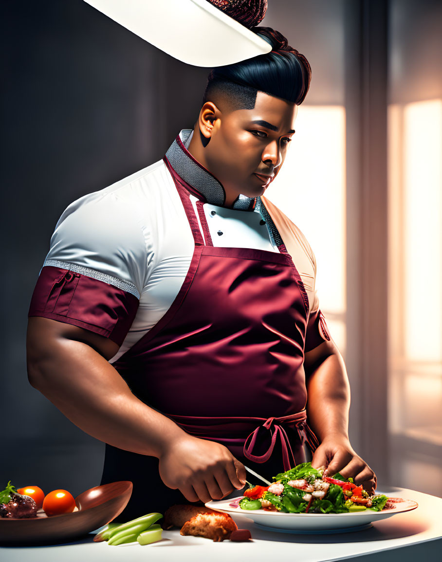 Chef garnishing dish in well-lit kitchen with fresh ingredients.