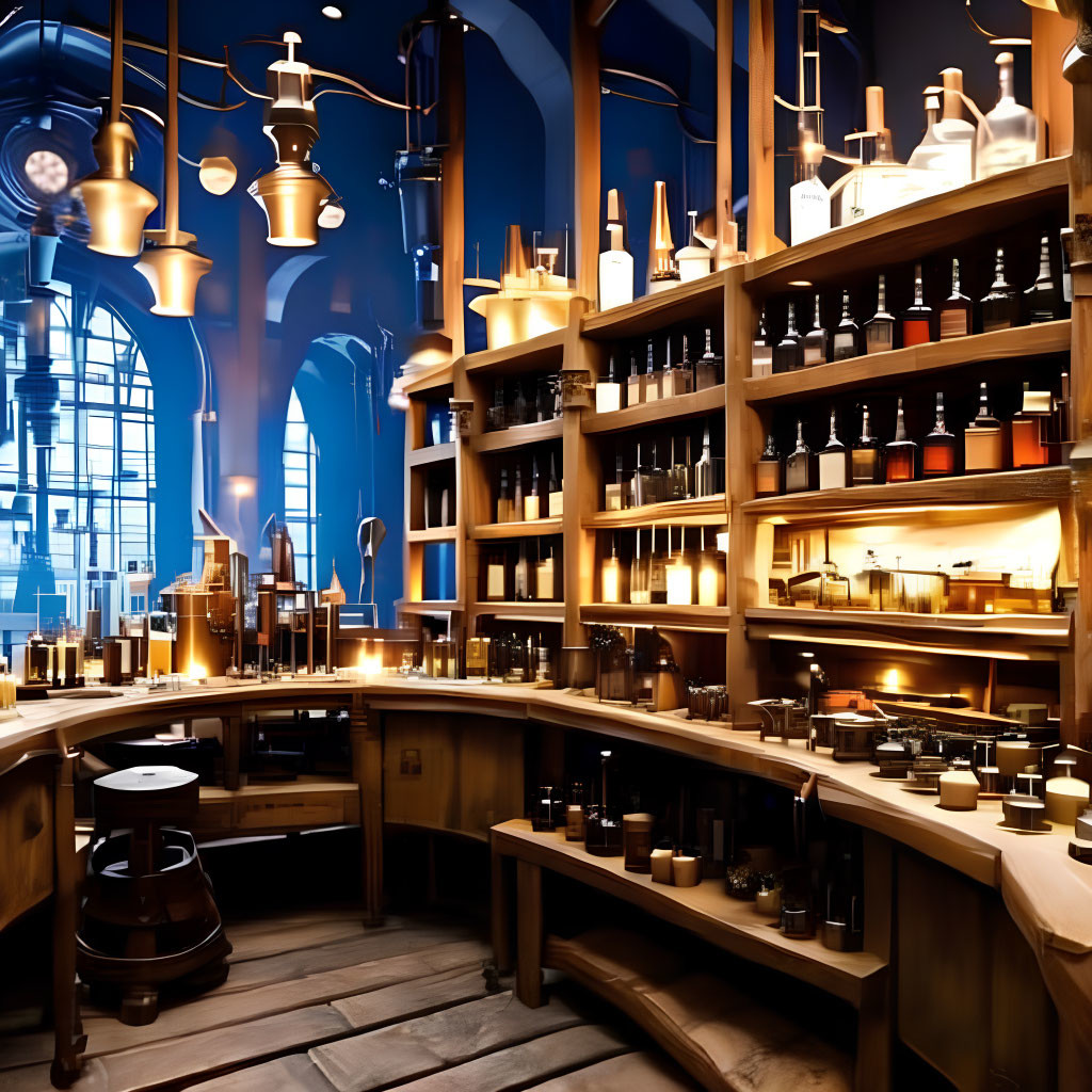 Intricately designed potion shop with wooden shelves and brass lamps