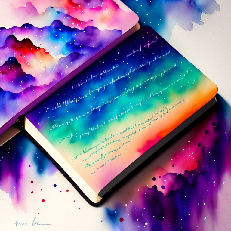 Colorful Aurora-like Watercolor Art Notebook with Cursive Handwriting