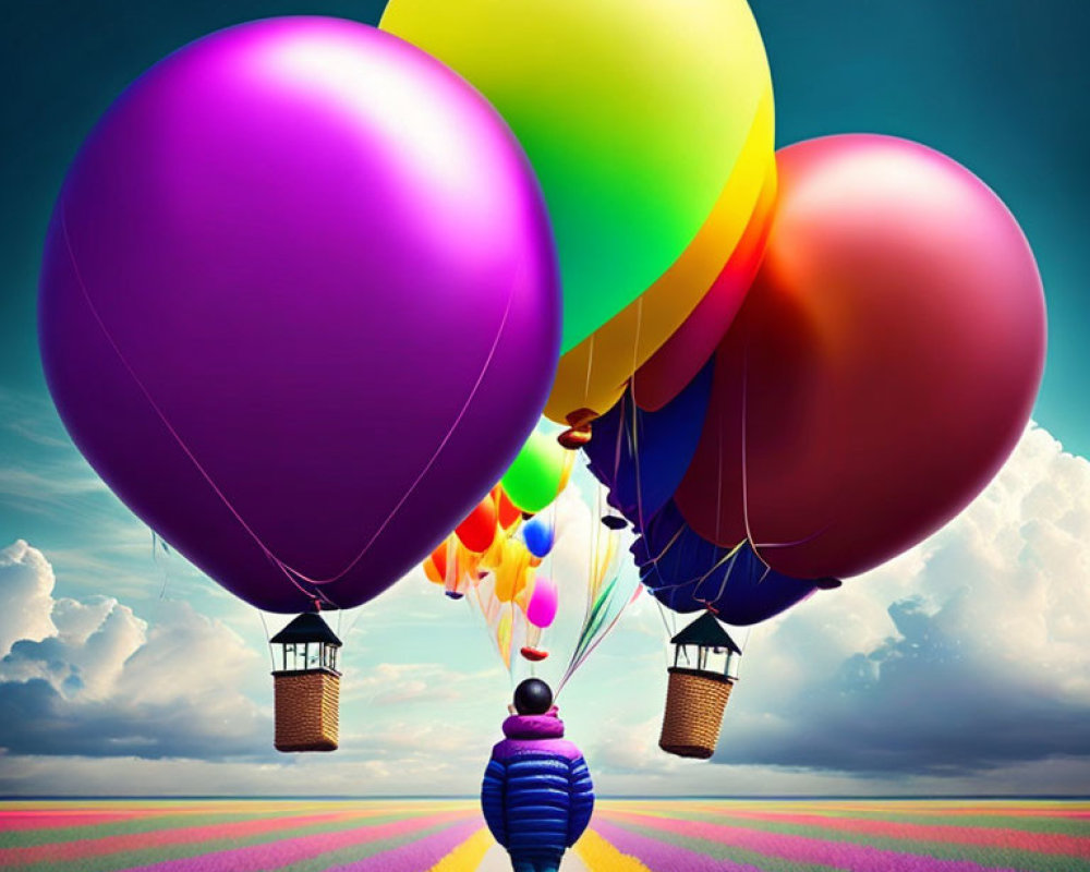 Person in Blue Jacket Gazes at Giant Balloons Over Flower Fields