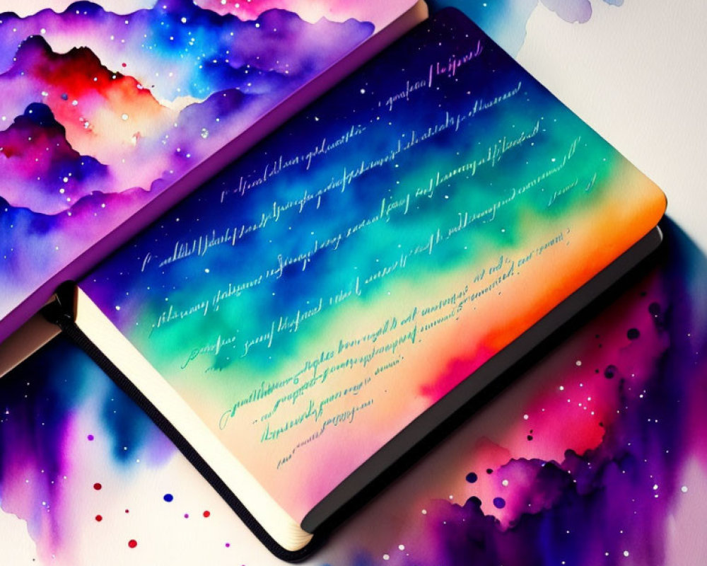 Colorful Aurora-like Watercolor Art Notebook with Cursive Handwriting