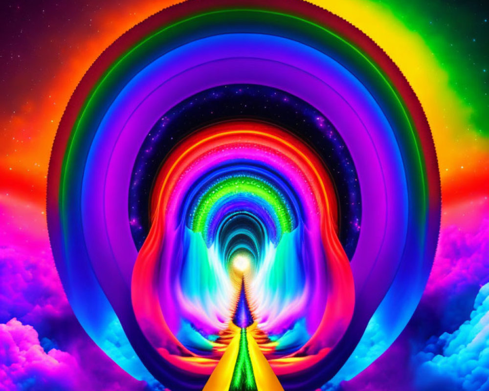 Colorful psychedelic tunnel pattern with rainbow spirals and fluffy clouds