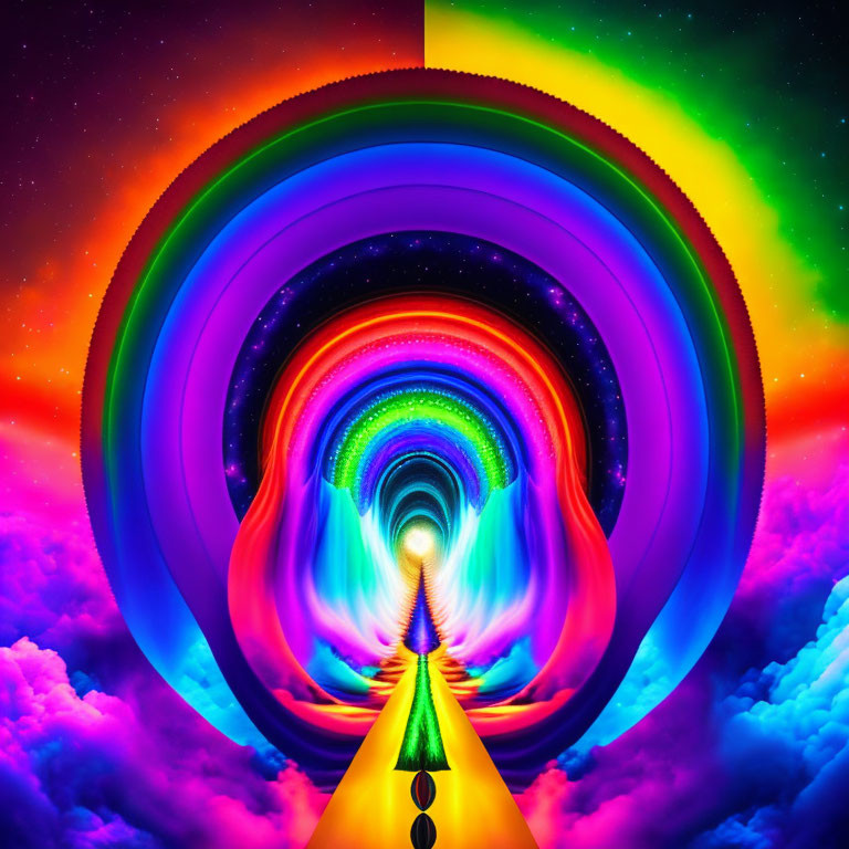 Colorful psychedelic tunnel pattern with rainbow spirals and fluffy clouds