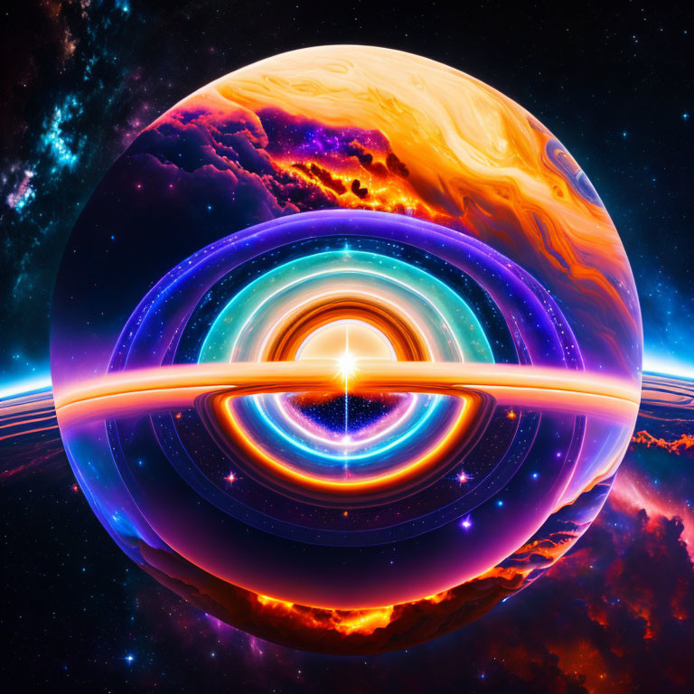 Colorful abstract planet with luminous rings in cosmic illustration