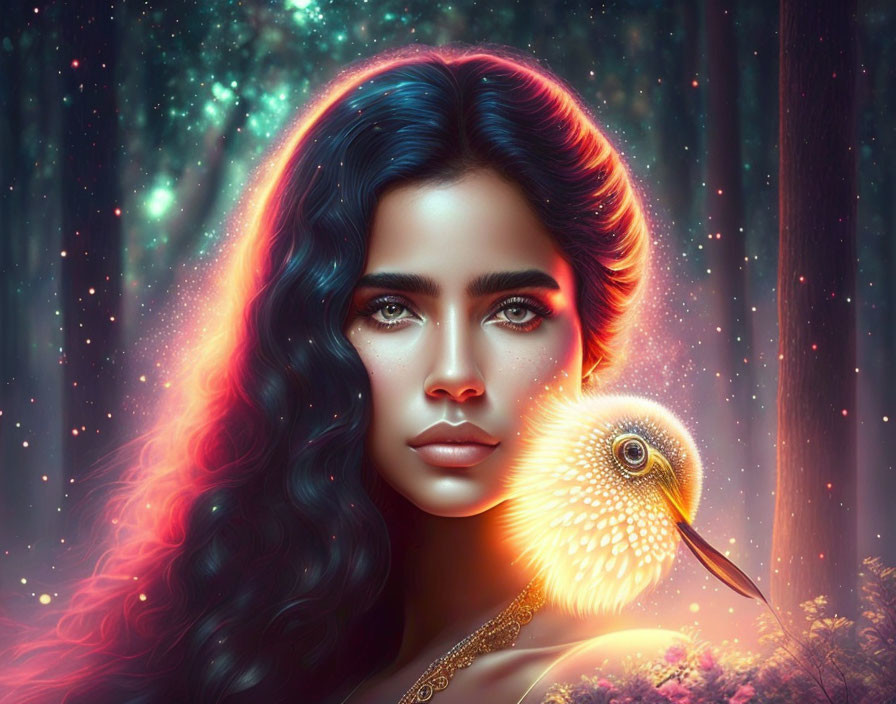 Digital artwork: Woman with dark hair and bird, cosmic and forest backdrop