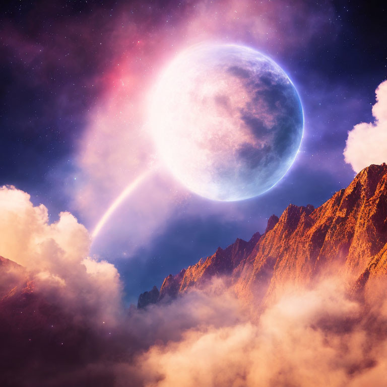 Majestic moon over rugged mountains in starry sky