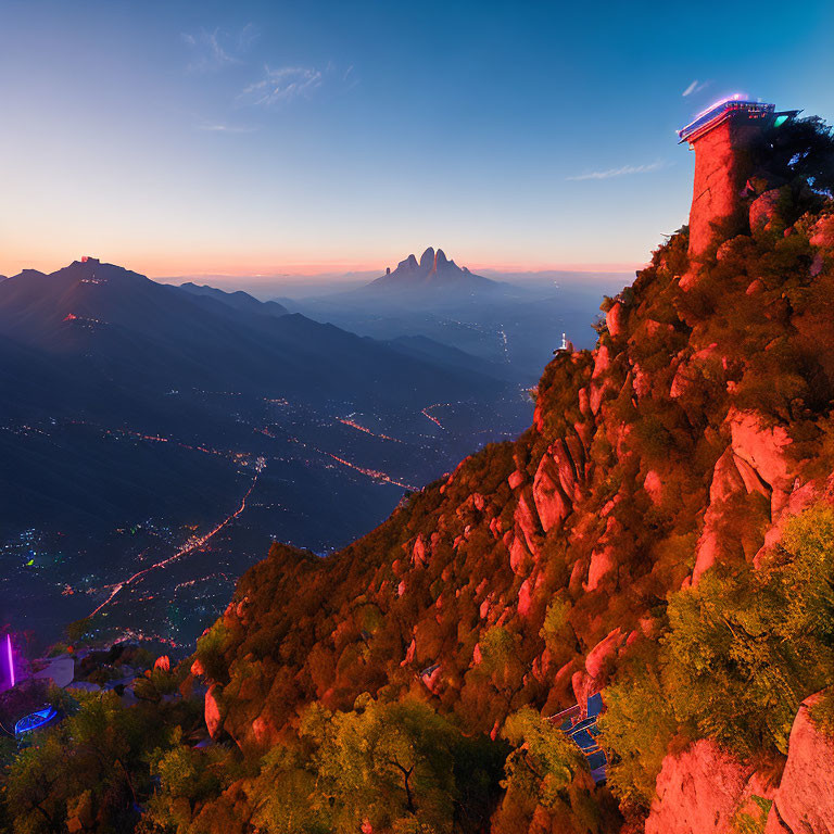 Twilight skyline with mountain range, observation deck, and city lights under gradient sky