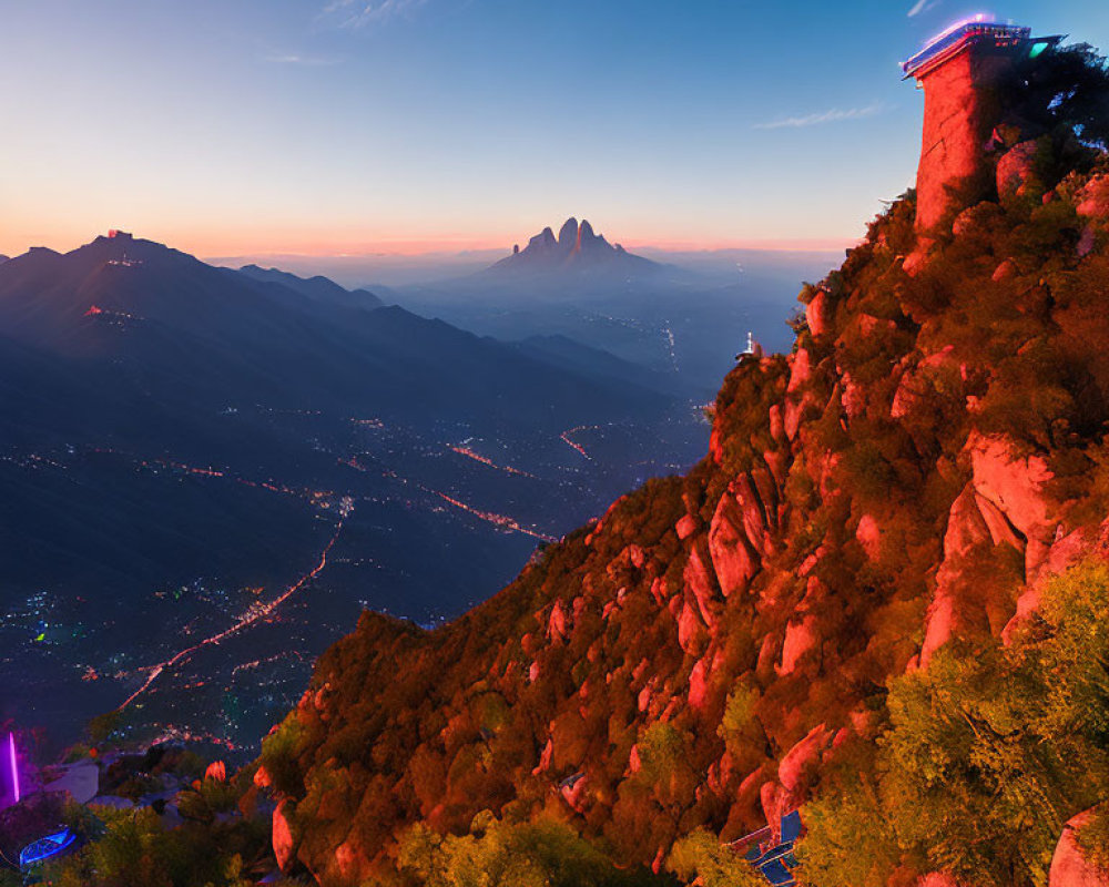 Twilight skyline with mountain range, observation deck, and city lights under gradient sky