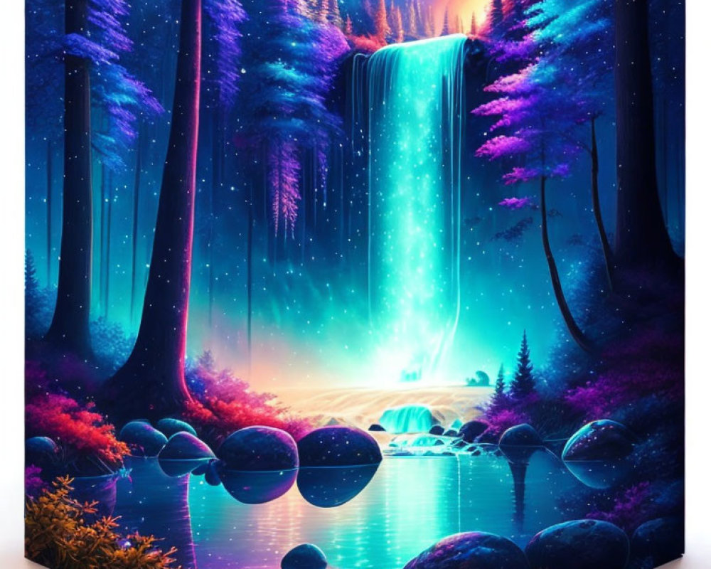 Enchanting forest digital artwork with luminous waterfall