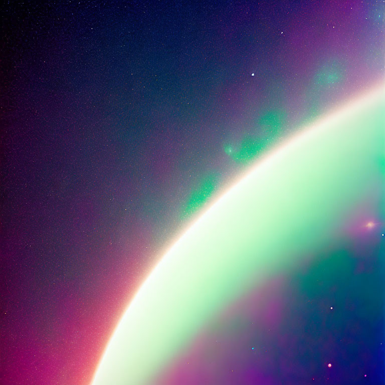 Curved horizon of a green planet against starry space