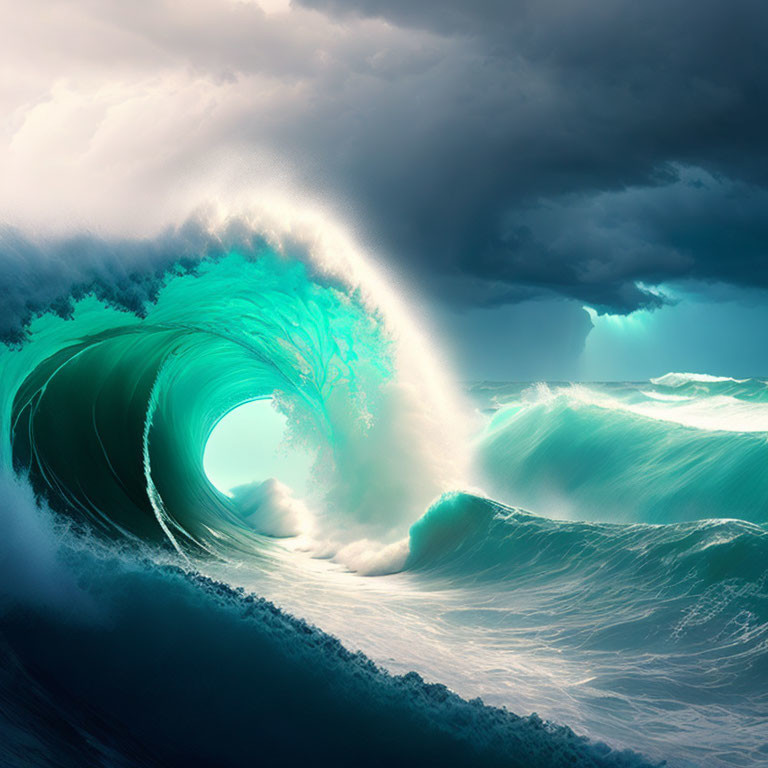 Turquoise Wave Curling Against Stormy Sky with Tree Silhouette