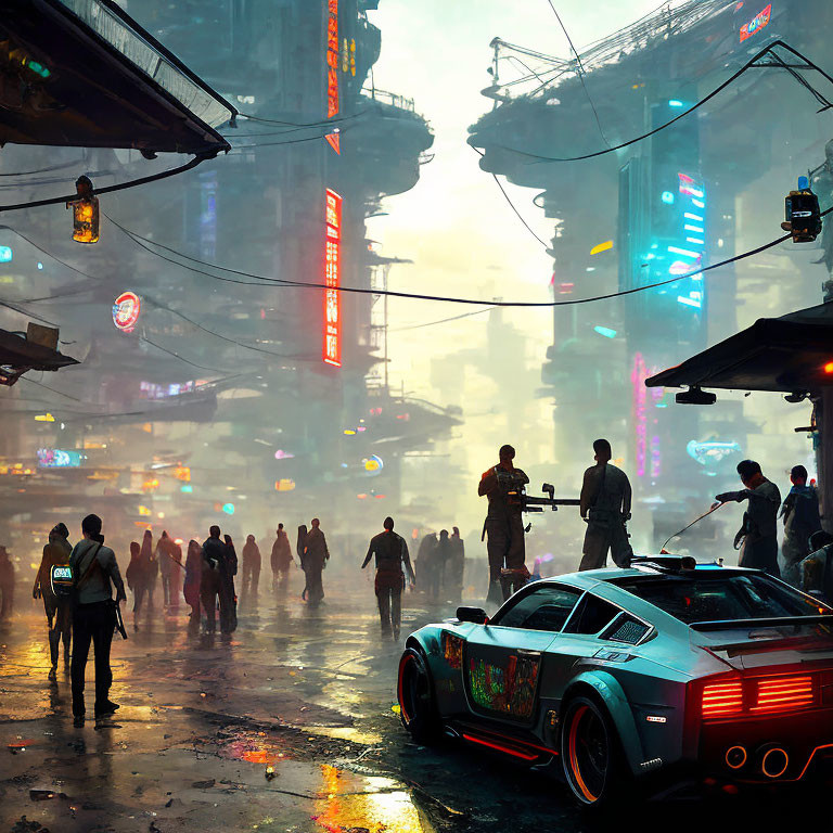 Futuristic city scene with neon signs, sports car, and crowded streets