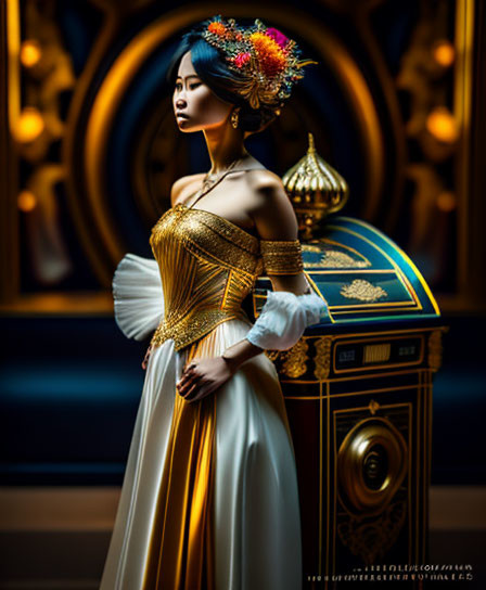 Woman in elegant dress with gold accents and floral headpiece next to ornate blue chest