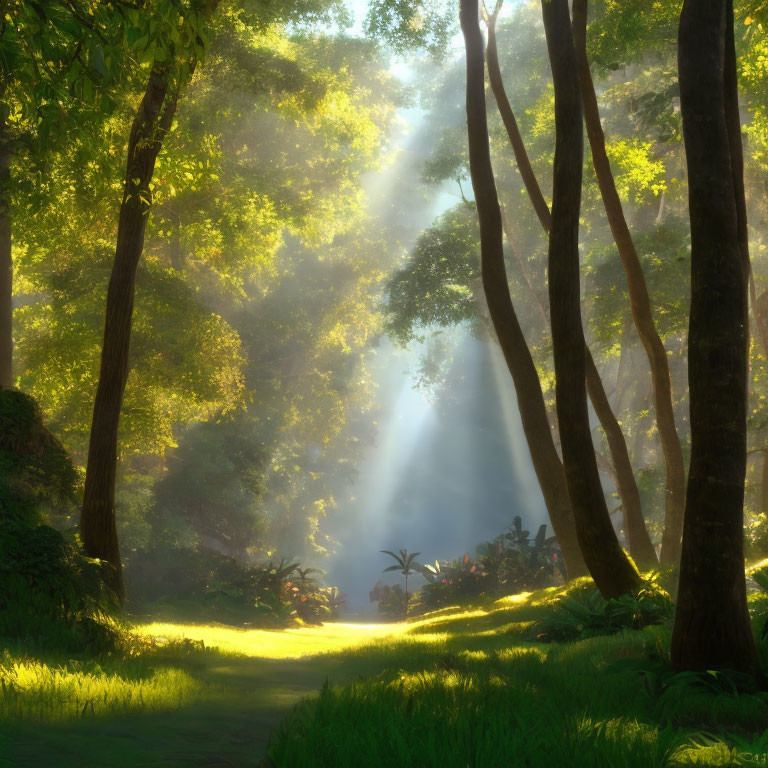 Forest scene: Sunlight through foliage, warm radiant glow.