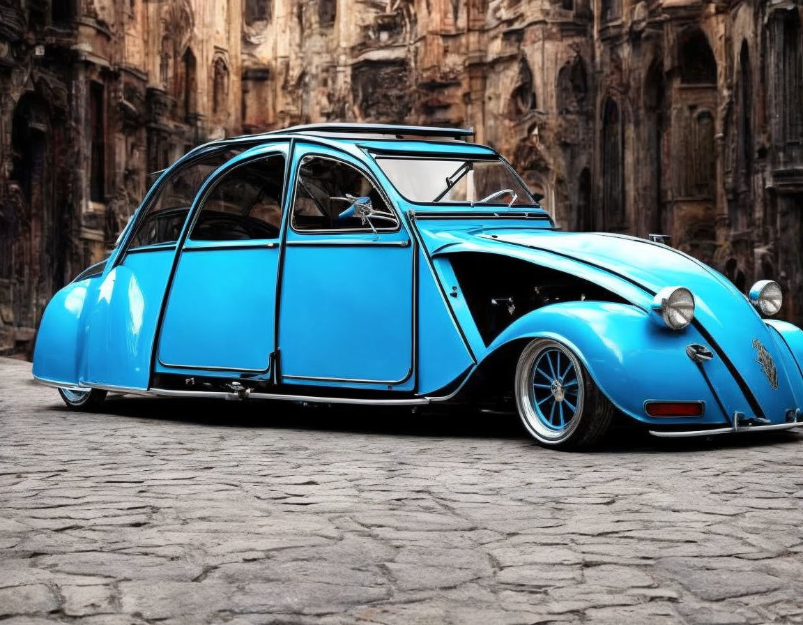 Vintage Bright Blue Car with Lowered Suspension on Cobblestone Street