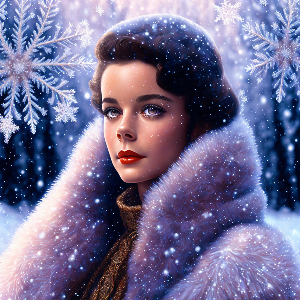 Woman with Retro Hairstyle in Pink Fur Coat Amid Snowflakes on Blue Background