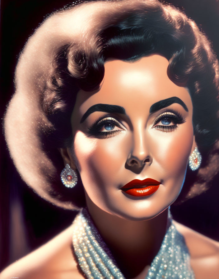 Stylized portrait of woman with glamorous makeup, pearl accessories, 1950s hairstyle