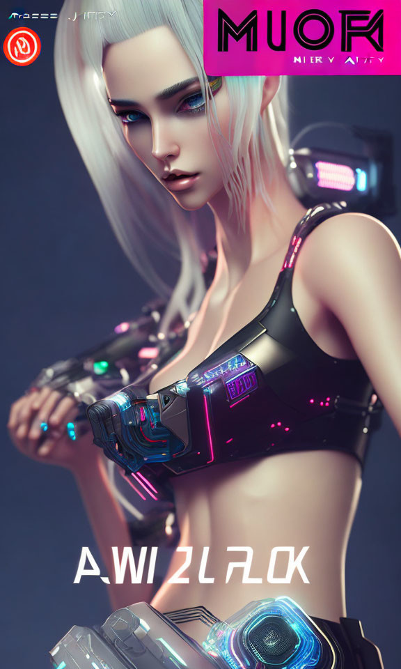 Silver-haired female character with cybernetic arms in futuristic setting.