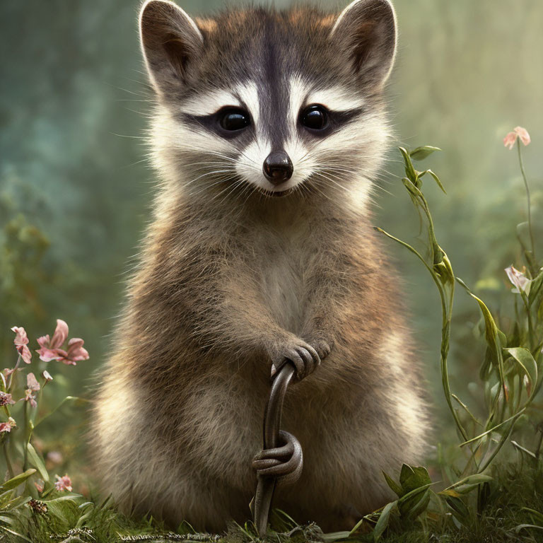 Adorable raccoon in nature with metal object and pink flowers