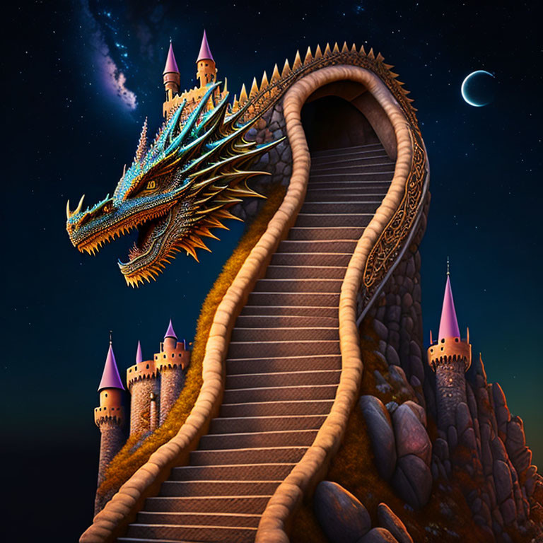 Fantastical dragon with castle-like body in starry night sky