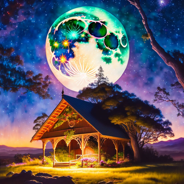 Colorful illustration: Quaint house under fantasy moon with surreal elements