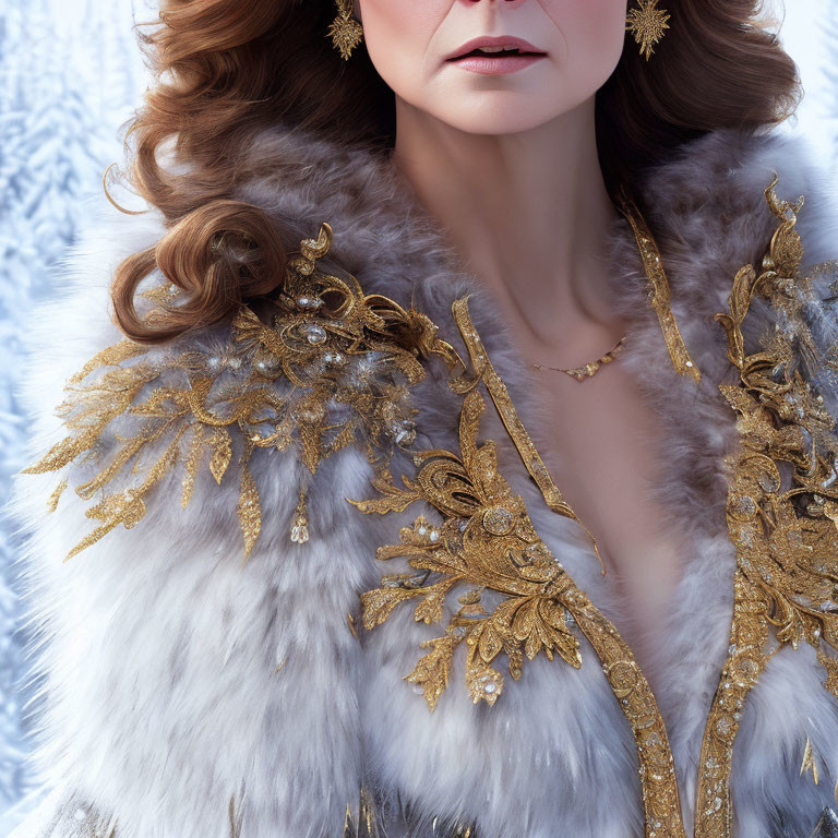 Curly-haired woman in fur coat with gold embroidery on snowy backdrop