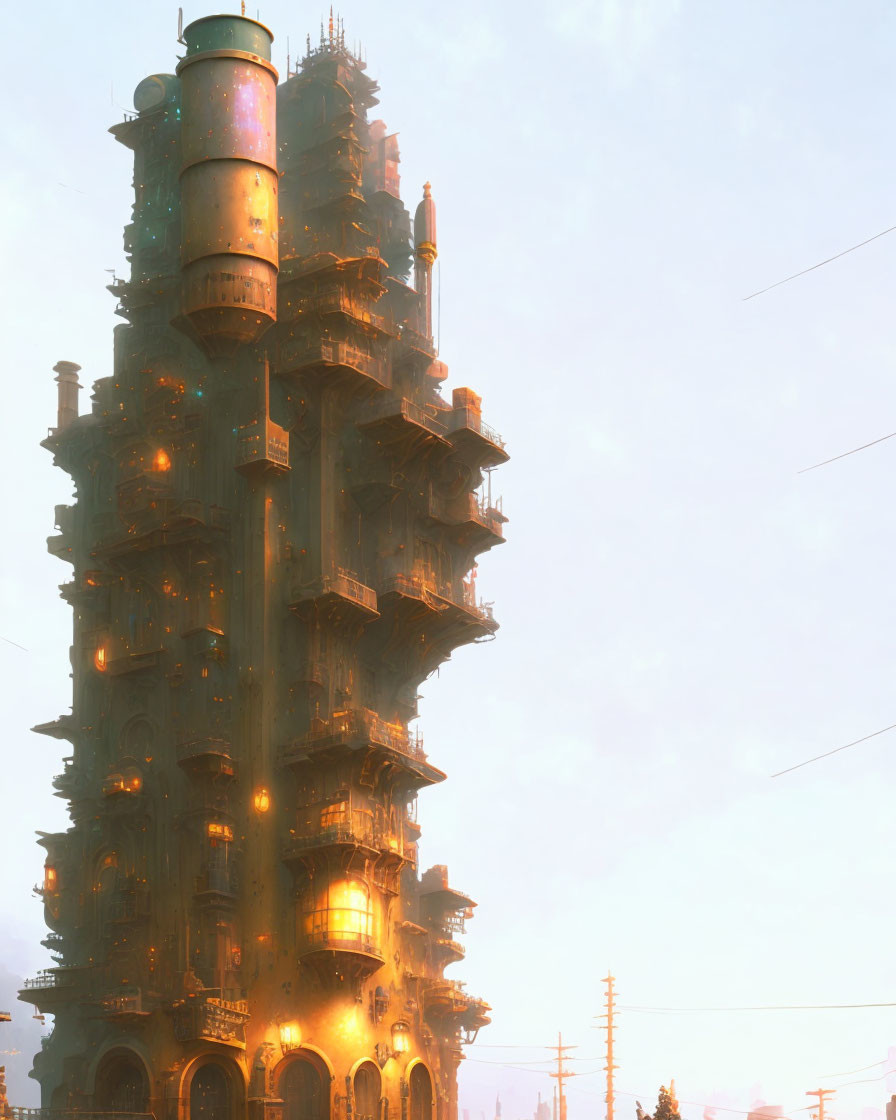 Futuristic skyscraper with golden light and intricate balconies