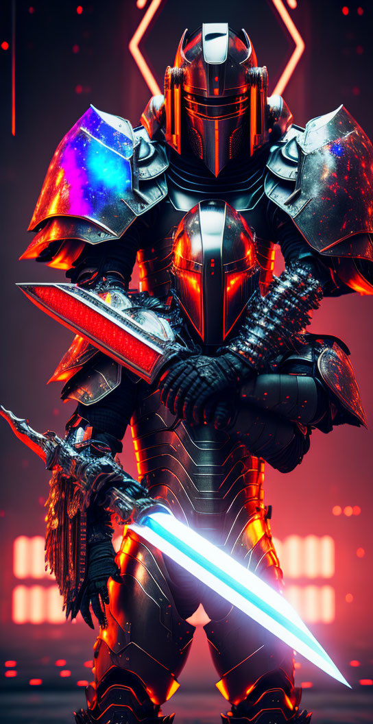 Futuristic warrior in stylized armor with glowing lights and energy sword