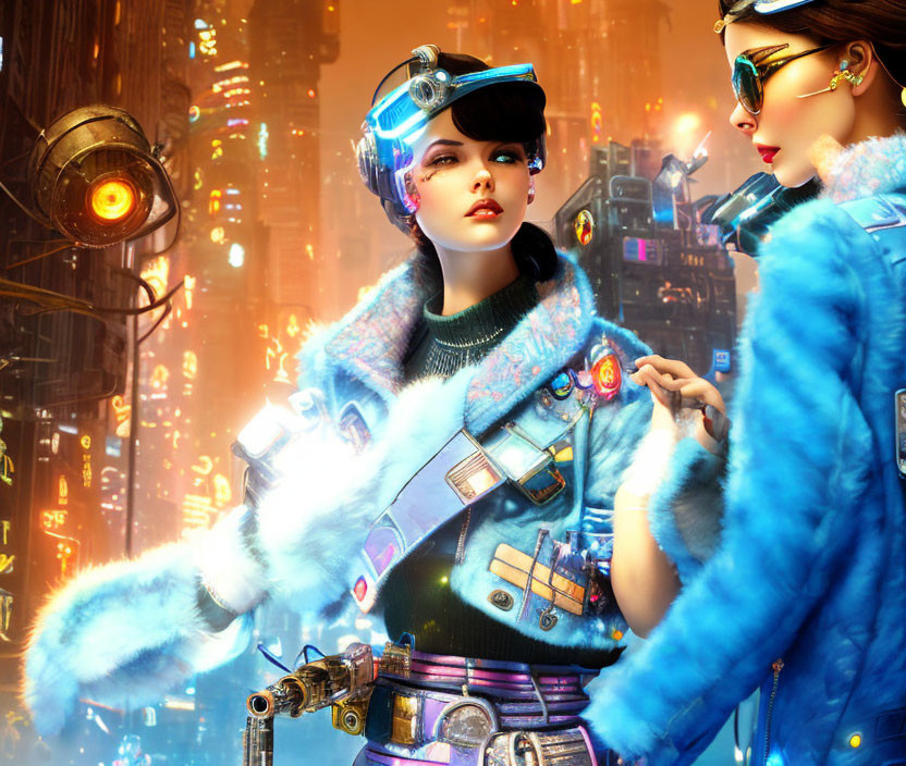 Futuristic women with electronic accessories in neon cityscape