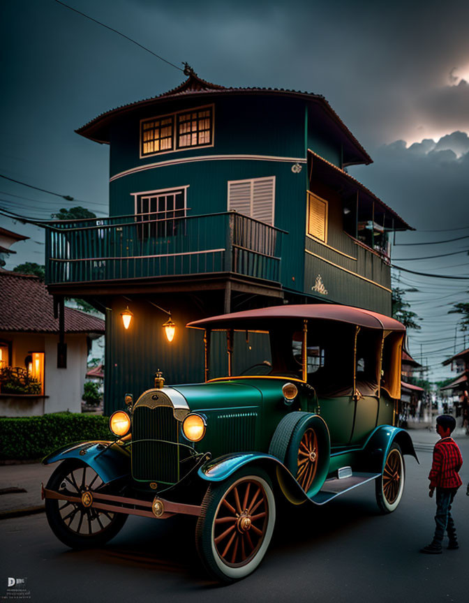 Classic Green Car Parked Near Child by Two-Story House at Twilight