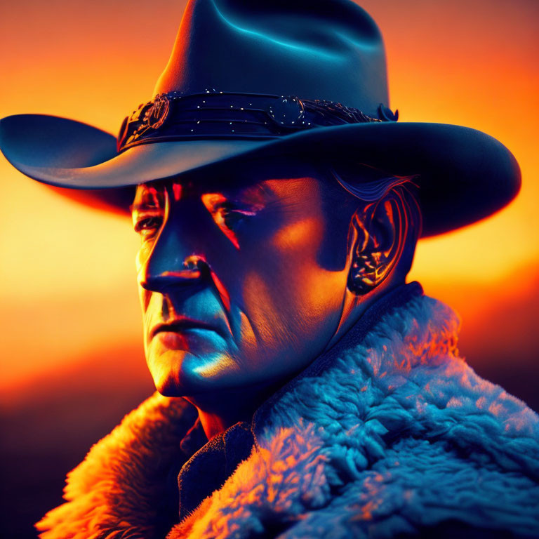 Cowboy hat-wearing man against orange sunset.