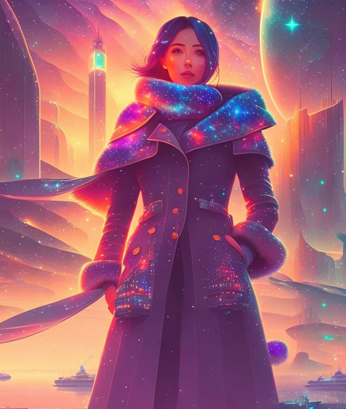 Woman in cosmic coat against futuristic cityscape in pink and purple hues