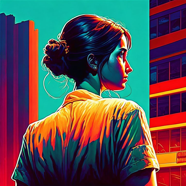 Profile of woman with high bun and hoop earrings against neon cityscape