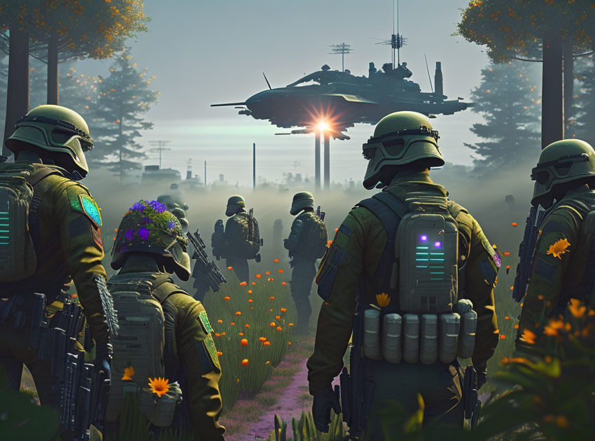 Advanced futuristic soldiers in forest with hover tank under tense sun.