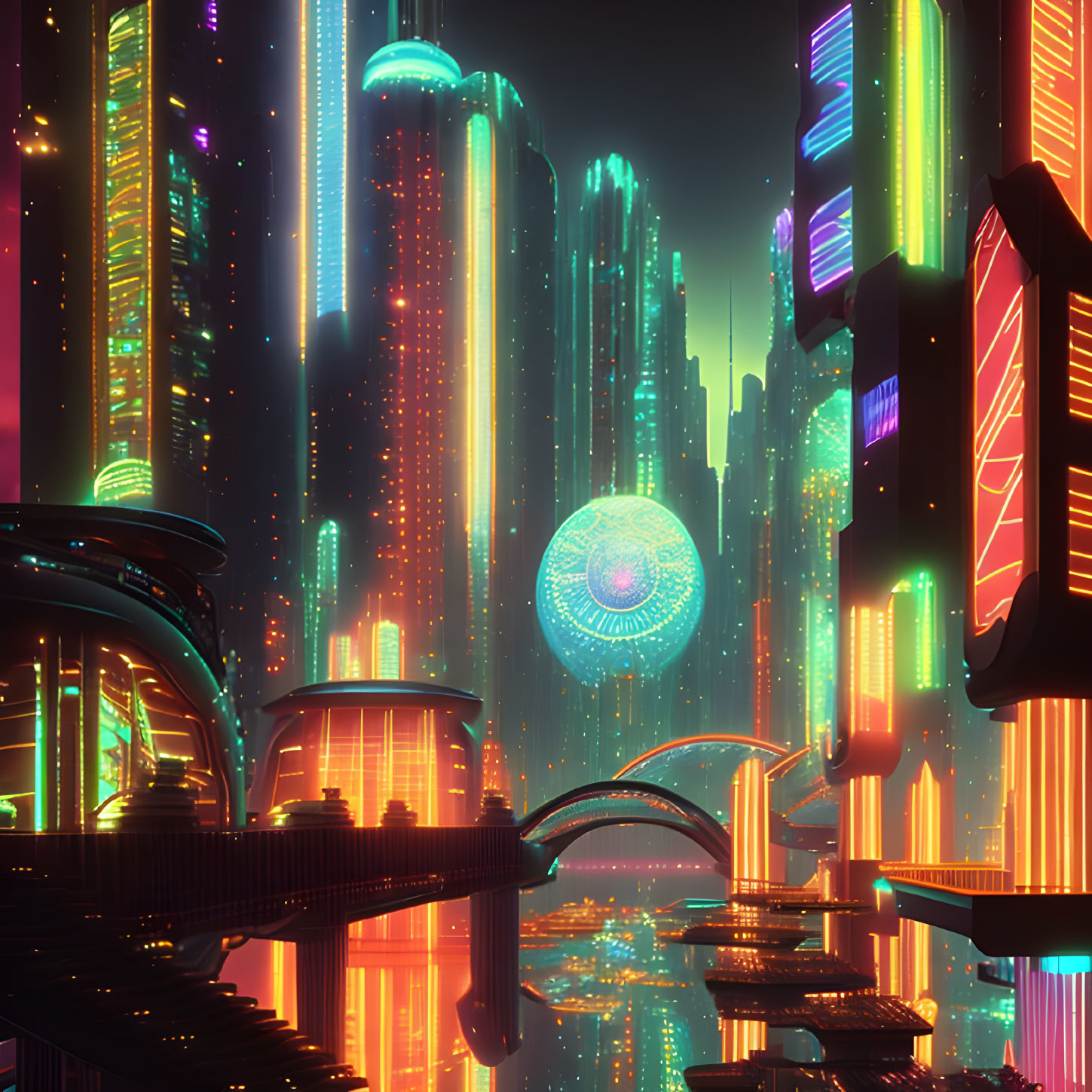 Futuristic cityscape at night with neon-lit skyscrapers & spherical structure.